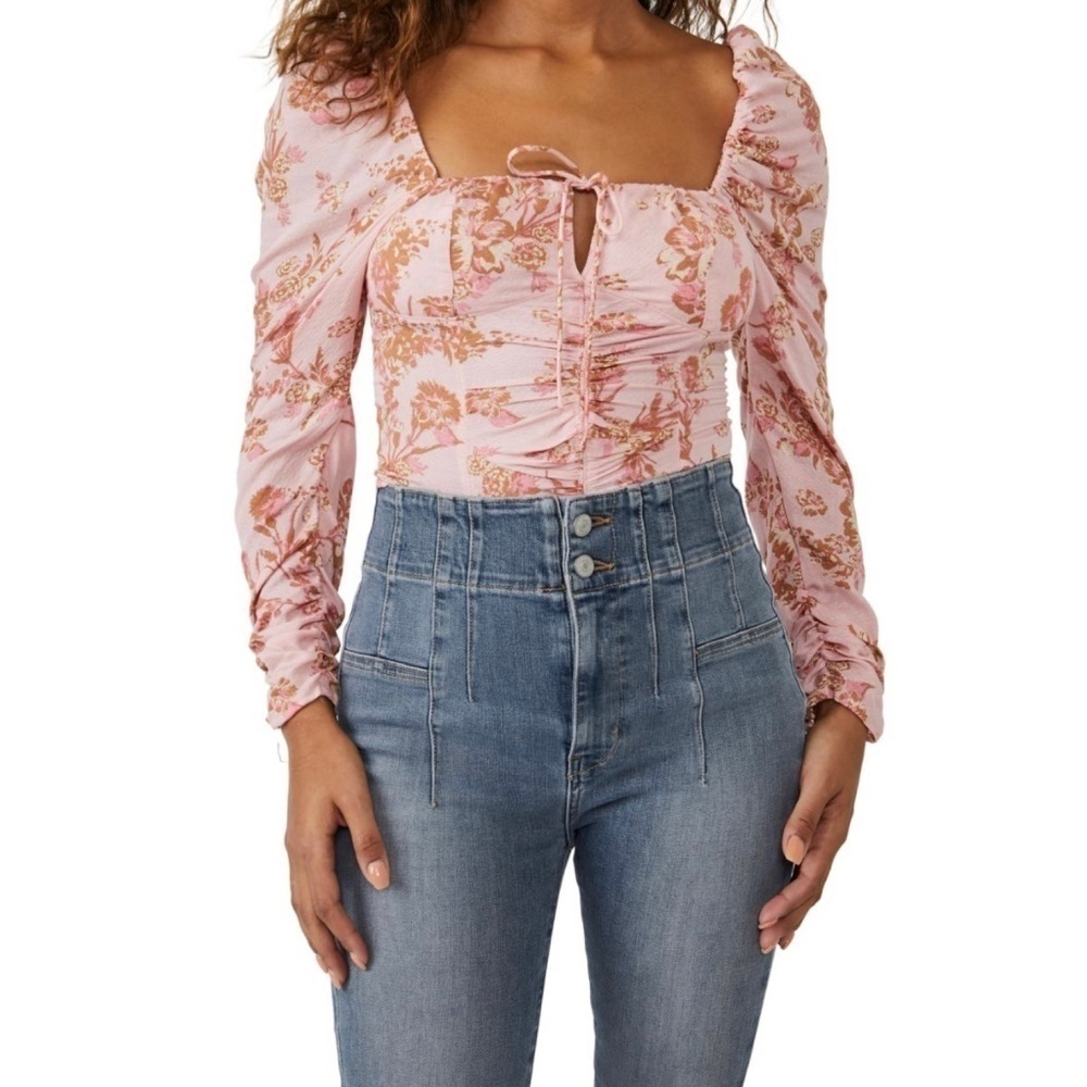Free People Hilary Floral Print Top, Pink Combo Size M